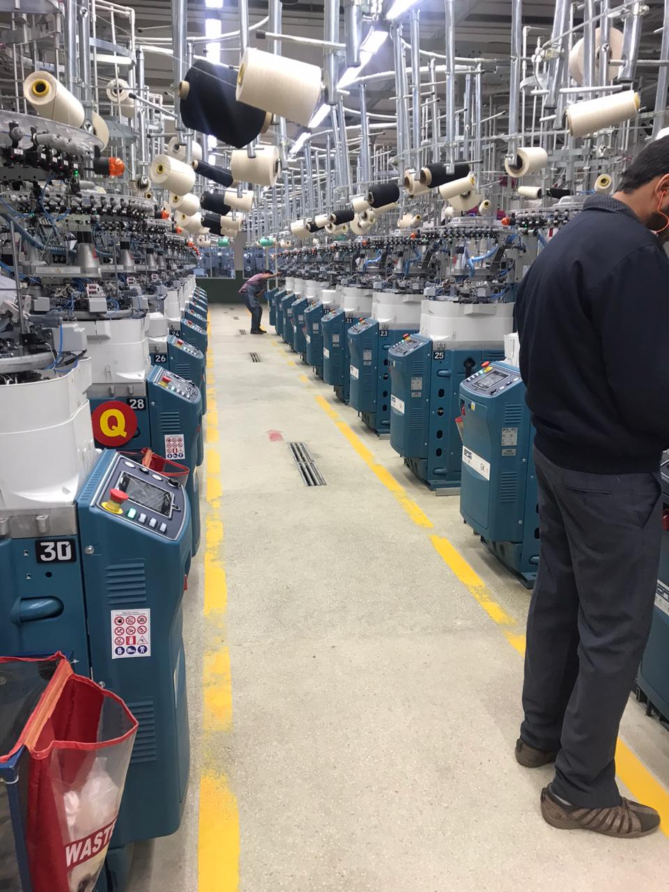 Rows of circular knitting machines with yarn cones feeding in